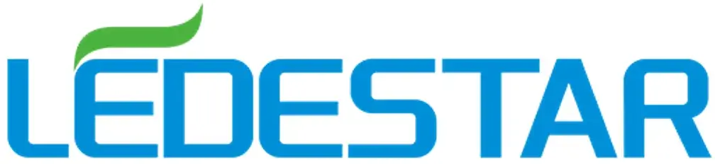 Sininen LEDESTAR-logo vihreällä aaltoviivalla yläpuolella.