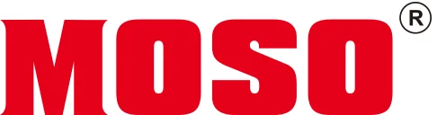 Punainen MOSO-logo valkoisella taustalla, jossa on rekisteröintimerkki ympyröitynä.
