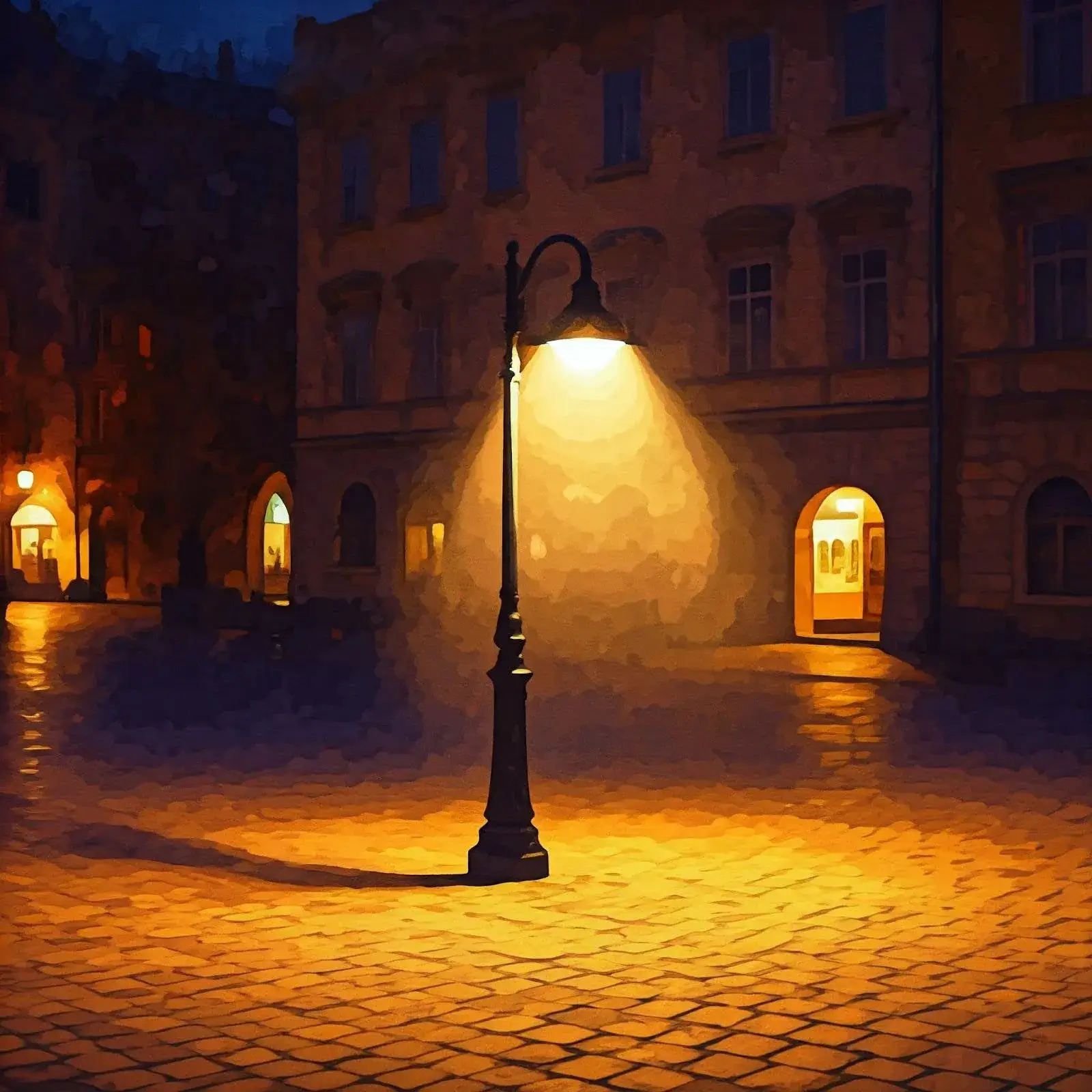 Öinen kaupunkikuva, jossa valaisinpylväs valaisee kiveystä ja rakennuksia lämpimällä valolla.